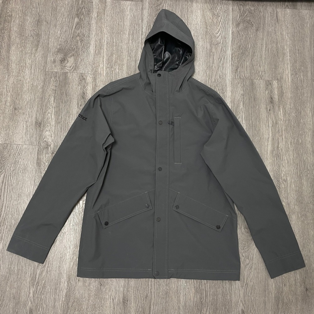 Marmot Rain Jacket Mens Medium Gray Waterton Hooded Full Zip Snap Pockets E40740